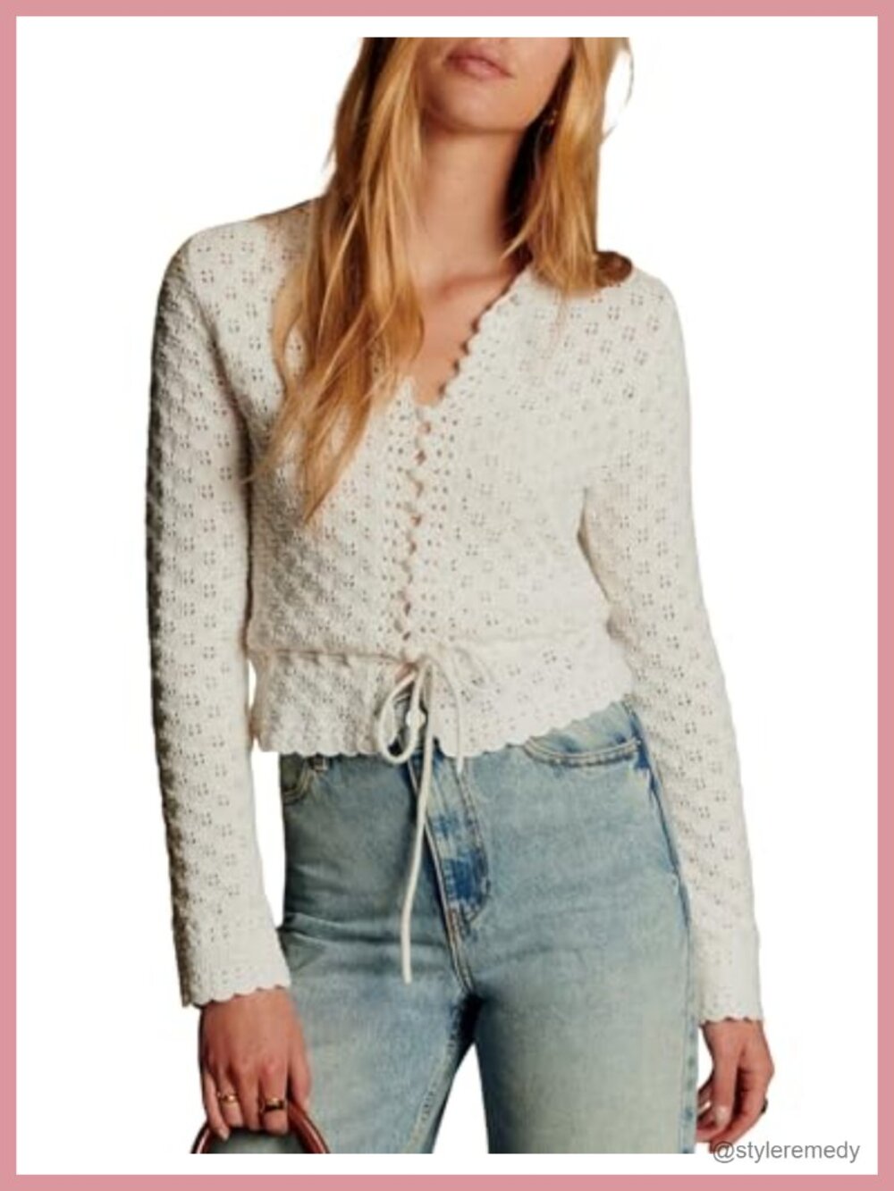 Womens Crochet Cardigan Long Sleeve Tie Front Knit Sweater Top